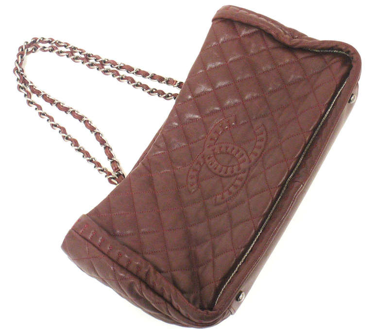 Brown CHANEL Istambul Stich Logo Open Shoulder Tote Burgundy Leather Handbag, 2012 For Sale