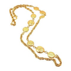 CHANEL Vintage Gold Tone Long Chunky Flat Bead Logo Coco Figure Belt Necklace 6