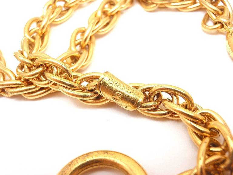 CHANEL Vintage Gold Tone Long Chunky Flat Bead Logo Coco Figure Belt Necklace In New Condition In Holland, PA