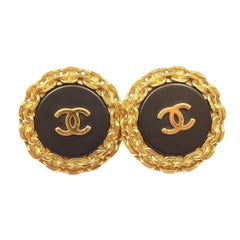 Chanel Vintage Extra Large Gold Tone Logo Black Chain Clip-On Earrings