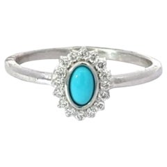 Silver Genuine Cabochon Turquoise and Zircon Promise Halo Ring for Mom Gift