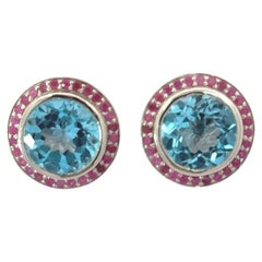 Blauer Topas & Rubin Halo Ohrstecker Geschenk für Frauen in 925 Sterling Silber