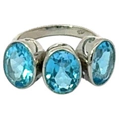 Bague unisexe pour lui en argent sterling 925 avec triple topaze bleue facettée
