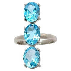 Bague en argent 925 avec Trio de pierres précieuses ovales verticales Topaze bleue pour cadeaux