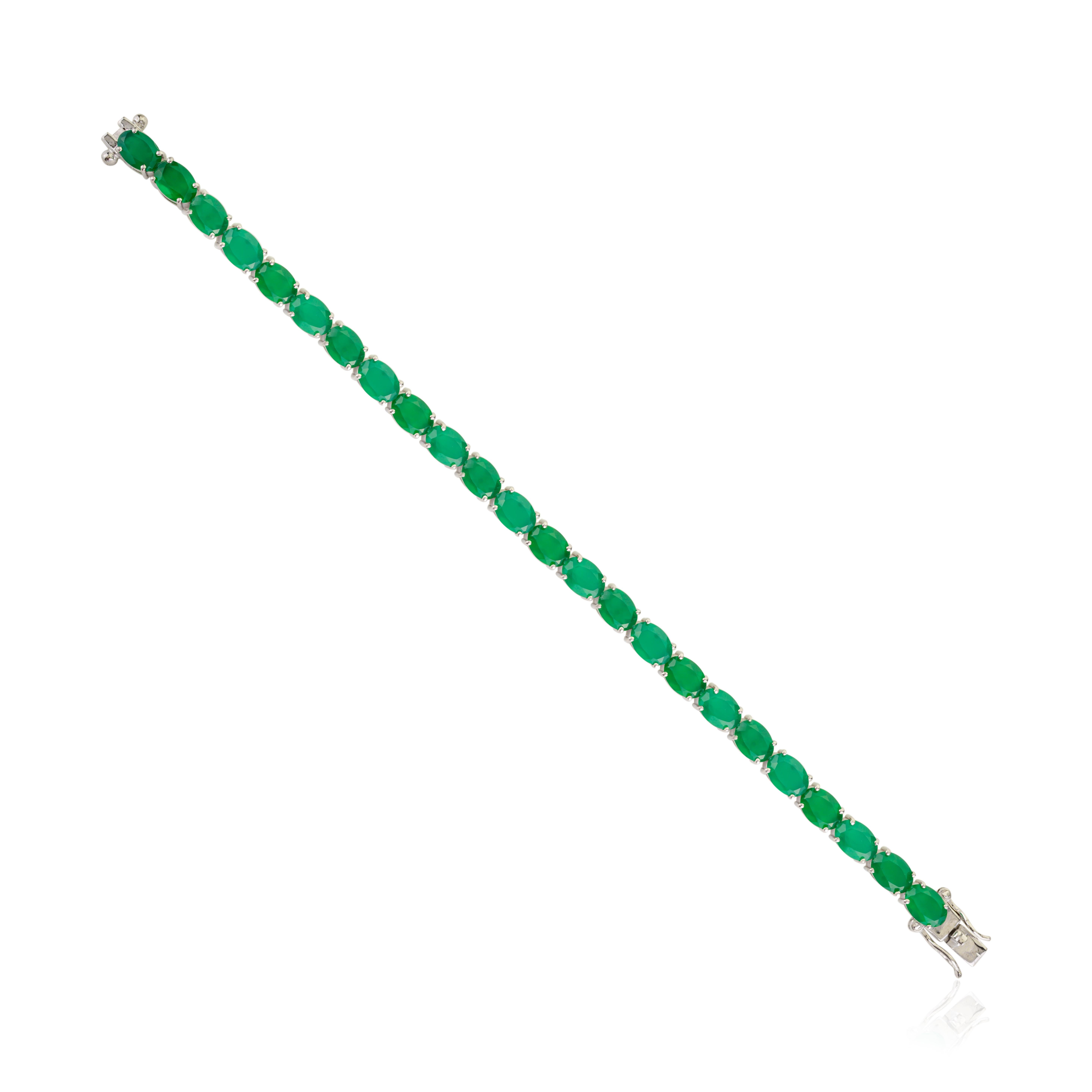 Pulsera de tenis de plata 925 con ónice verde natural talla oval de 17,41 quilates Art Decó en venta