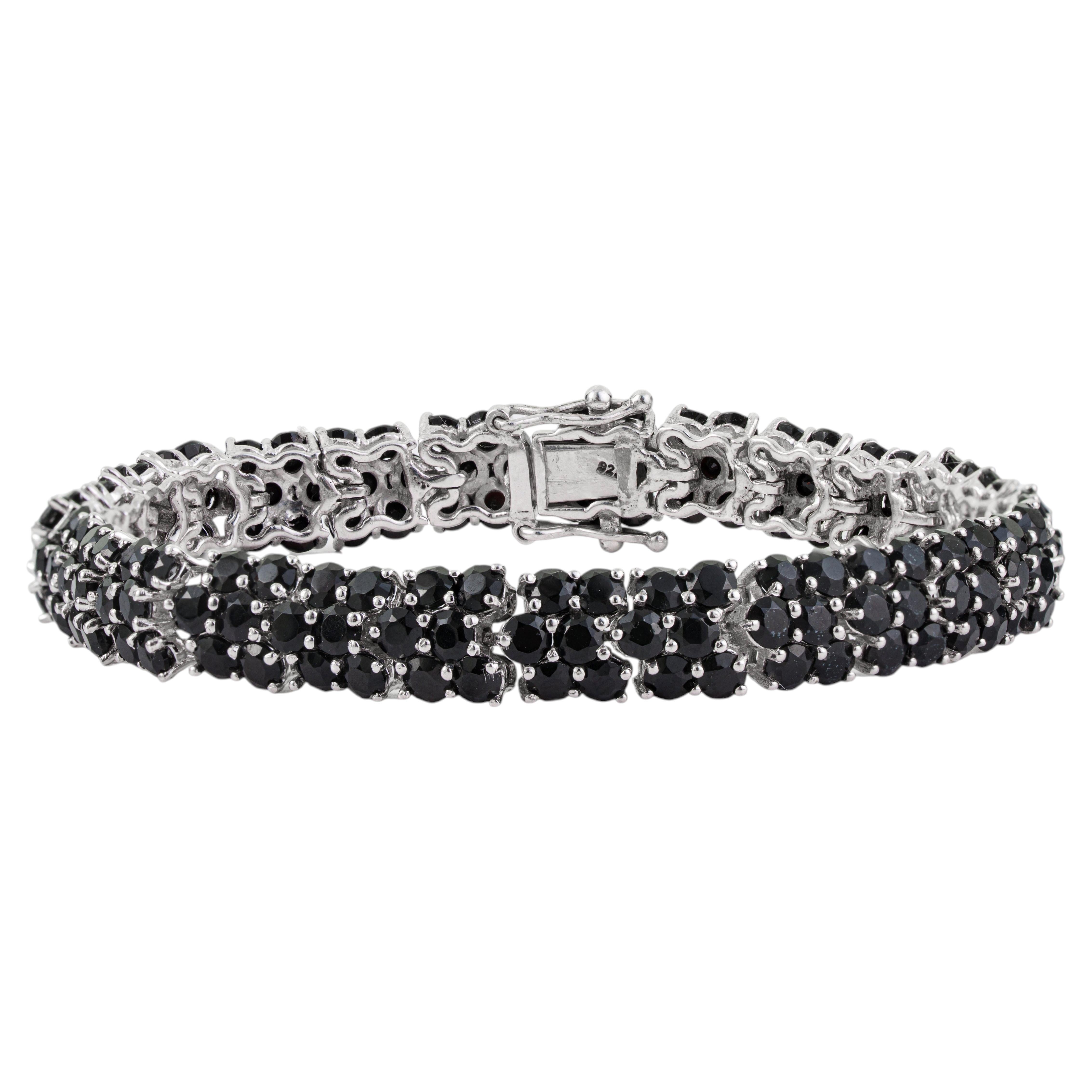 Modern Sterling Silver 14.37CT Black Onyx Three Row Tennis Bracelet by Silvorra