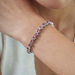 Silvorra Round Pink Tourmaline X Link Design Tennis Bracelet in Sterling Silver