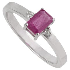 Silvorra Three Stone Style Dainty Ruby and Diamond Ring in Solid Silver for her