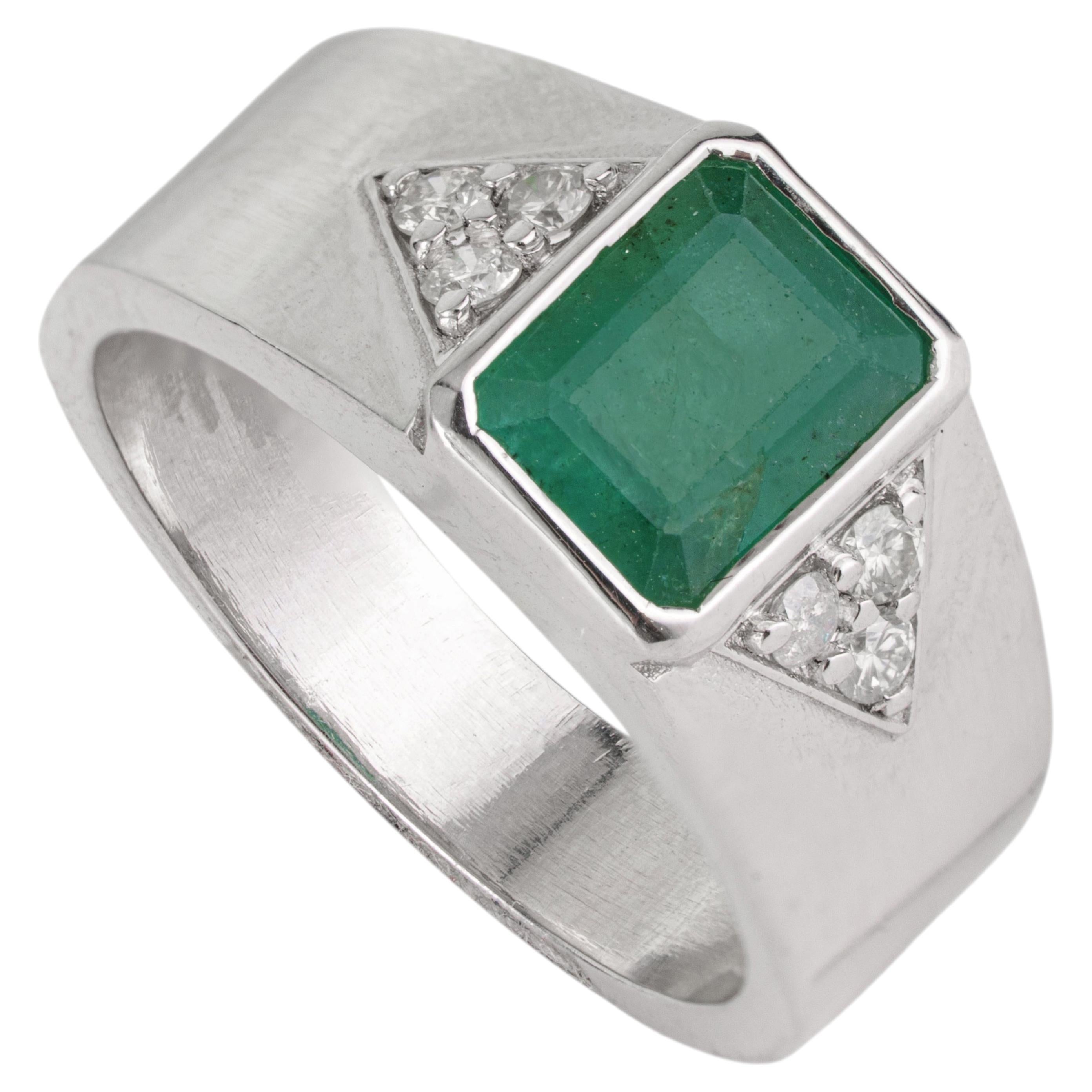 For Sale:  Solid Silver Retro Inspired Emerald and Diamond Wide Band Ring in Gypsy Setting