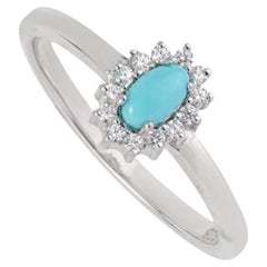 Silvorra Turquoise and Diamond Everyday Halo Ring in Solid Silver for Wife Gift