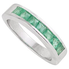Art Deco Style Channel Set Square Emerald Half Eternity Band Ring in 925 Silver