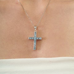 Silvorra December Birthstone Blue Topaz Cross Pendant Channel Set in 925 Silver