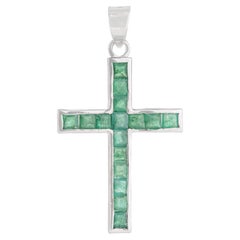 Cross Pendant with Square Cut Natural Emerald Channel Set in 925 Sterling Silver