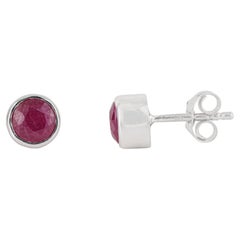Round Cut Natural Ruby Bezel Set Stud Earrings in 925 Solid Silver by Silvorra