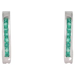 Natural Round Cut Emerald Channel Set Huggie Hoop Earrings in Sterling Silver
