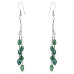 925 Silver Boho Style Emerald and Pearl Long Tassel Dangle Earrings by Silvorra