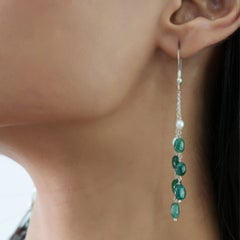 925 Silver Boho Style Emerald and Pearl Long Tassel Dangle Earrings by Silvorra