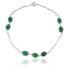 9.16 ct Oval Emerald & 2.52 ct Pearl Link Chain Bracelet in 925 Sterling Silver