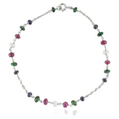 Silvorra Multi Gemstone Ruby Emerald Sapphire & Pearl Chain Bracelet 925 Silver