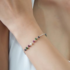 Silvorra Multi Gemstone Ruby Emerald Sapphire & Pearl Chain Bracelet 925 Silver