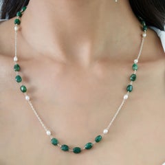 Silvorra 5mm Pearl & Emerald Beaded Chain Necklace in Sterling Silver for Women