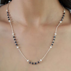 Silvorra 20 Inches Blue Sapphire & Pearl Beaded Chain Necklace in 925 Silver