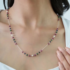 Silvorra Ruby, Emerald, Sapphire and Pearl Station Chain Necklace in 925 Silver