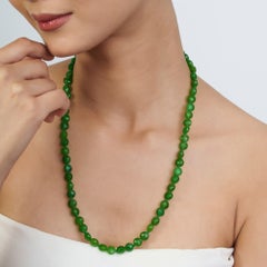 Art Nouveau 178 Carat Green Jade Bead Necklace in Sterling Silver Lobster Clasp