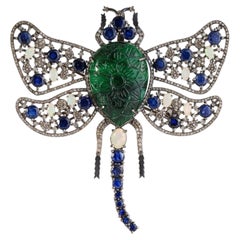 Anhänger in Form einer Libelle mit 28,1 Karat Opal, Kynit, Aventurin und Diamanten aus 925er Silber