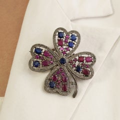6.25 Carat Ruby Kynite Diamond Leaf Clover Oxidised Brooch Pendant in 925 Silver