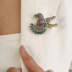 Silvorra 6 Carat Ruby Emerald Yellow Sapphire Diamond Bird Brooch in 925 Silver