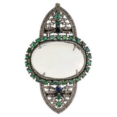 Edwardian Style Opal, Emerald, Kynite & Diamond Brooch Pendant in Solid Silver