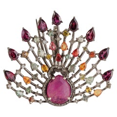 Silvorra Multicolor Sapphire, Ruby Diamond Peacock Brooch Pendant in 925 Silver