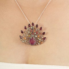Silvorra Multicolor Sapphire, Ruby Diamond Peacock Brooch Pendant in 925 Silver
