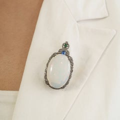 Silvorra Luxurious 18ct Oval Opal Kynite Emerald Diamond Brooch in Solid Silver