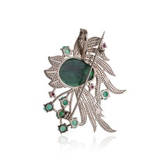 Ciondolo a forma di bouquet con smeraldi, rubini e diamanti intagliati in stile vintage, in argento 925