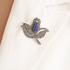 Silvorra Vintage Style 2.5 CT Tanzanite & Diamond Brooch Pendant in Solid Silver