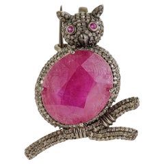 Sterling Silver 10 CTW Ruby Diamond Owl Motif Brooch Pendant for Graduation Gift
