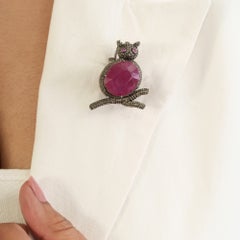 Sterling Silver 10 CTW Ruby Diamond Owl Motif Brooch Pendant for Graduation Gift