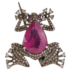 925 Silver Vintage Style Pear 3ct Ruby & Diamond Frog Motif Brooch Pin & Pendant