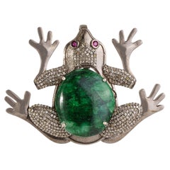 Silvorra Emerald Glass Filled Ruby & Diamond Frog Brooch Pendant in Solid Silver