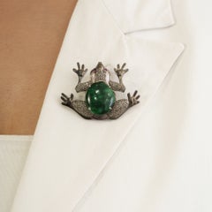 Silvorra Emerald Glass Filled Ruby & Diamond Frog Brooch Pendant in Solid Silver