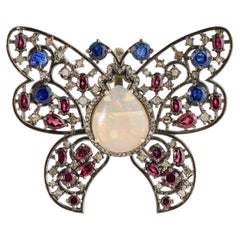 Solid Silver Opal Kynite Ruby & Diamond Butterfly Multigemstone Brooch Pendant