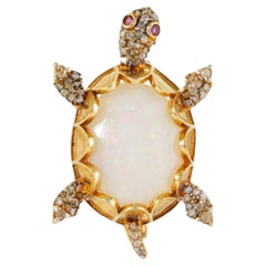 Silvorra 8.1ct Opal, GF Ruby and Diamond Gold Plated Turtle Brooch in 925 Silver