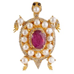 Luxurious Gold Plated Pearl, Ruby & Diamond Turtle Brooch Pendant in 925 Silver