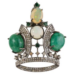 Colgante-broche de plata 925 con motivo de corona de esmeraldas Silvorra, ópalo, kynita y diamantes