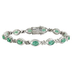 Pulsera tipo «tenis» de diseño Silvorra 6CT con esmeraldas ovaladas y diamantes redondos, en plata 925