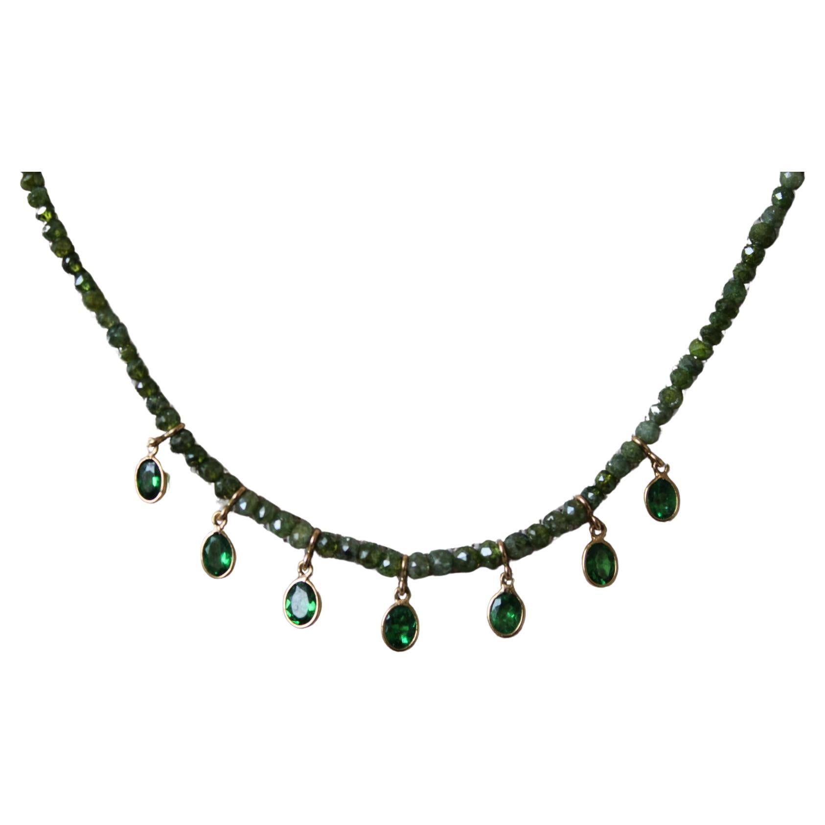 17.22 Carat Diamond Bead Chain in 18K Gold with Tsavorite Pears For Sale