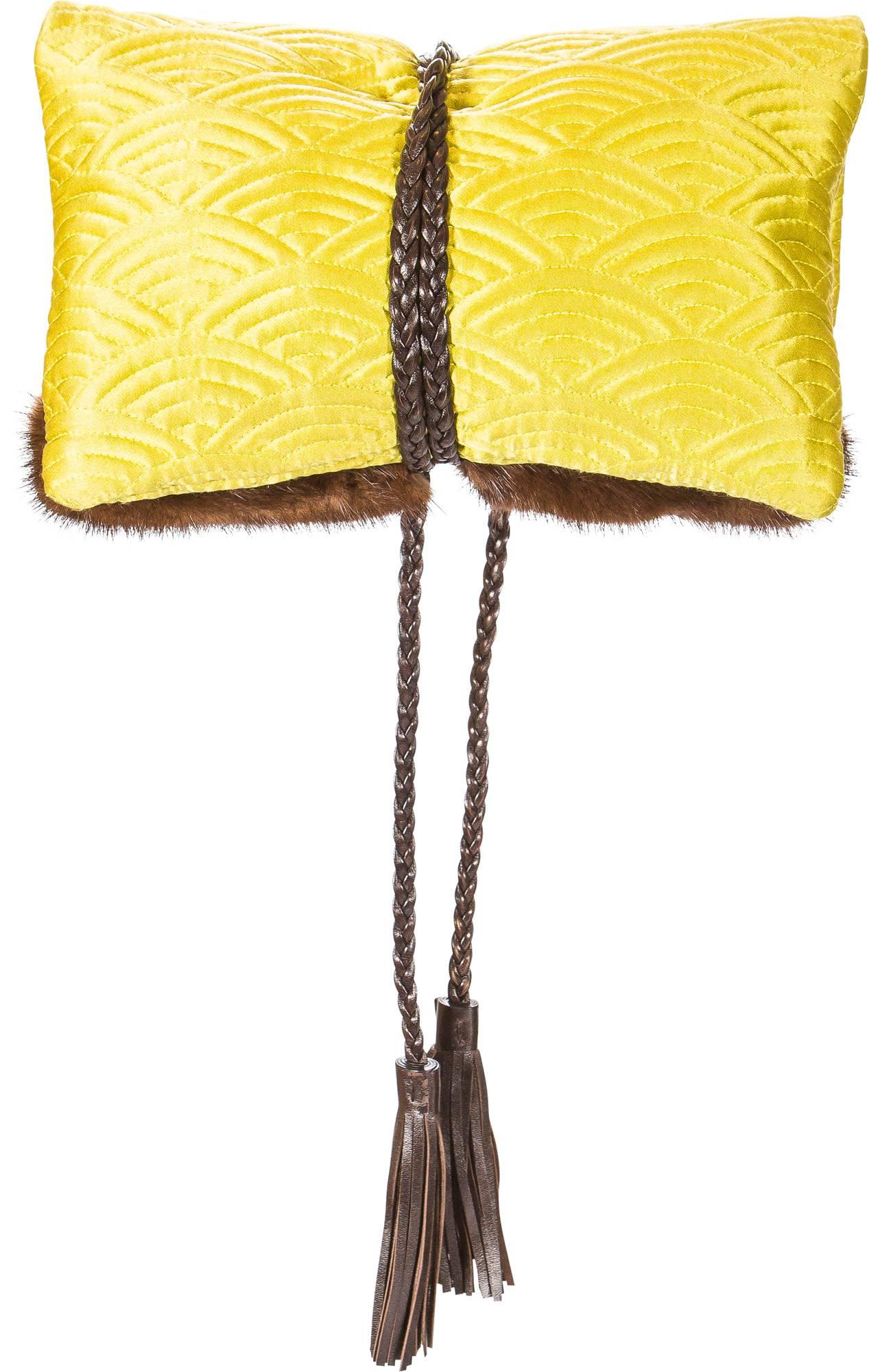 Yellow Tom Ford for Yves Saint Laurent Fall 2004 Silk & Mink Chinoiserie bag w Leather