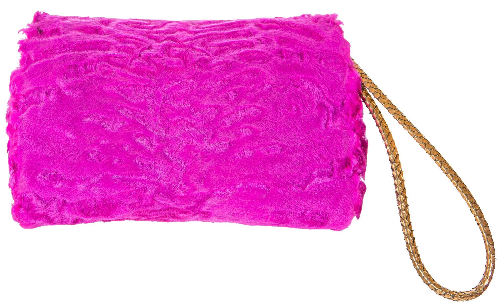 Purple Tom Ford Natalia Fuchsia Broad-tail Fur Clutch with Lucite and Snakeskin Strap For Sale